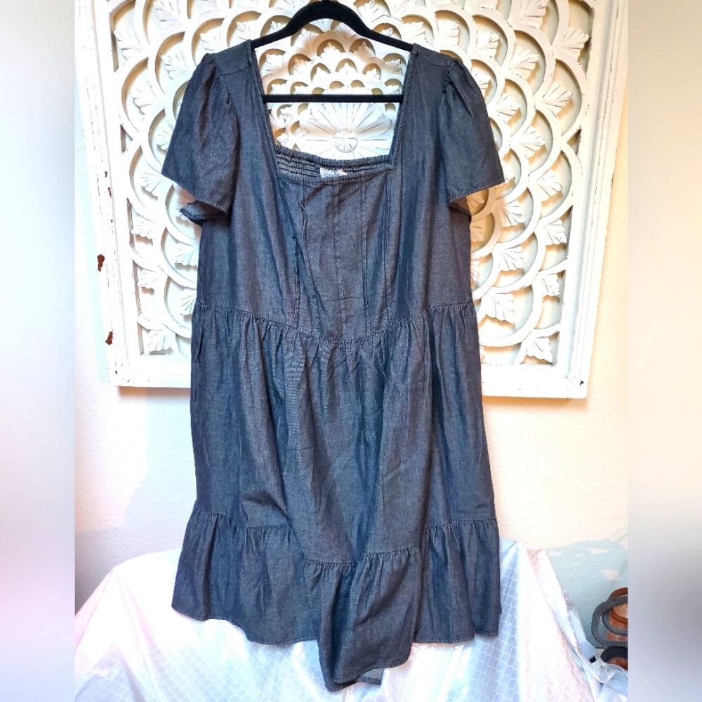 Terra & Sky Black Denim Pintucked And Rched Mini Dress 2X NWT